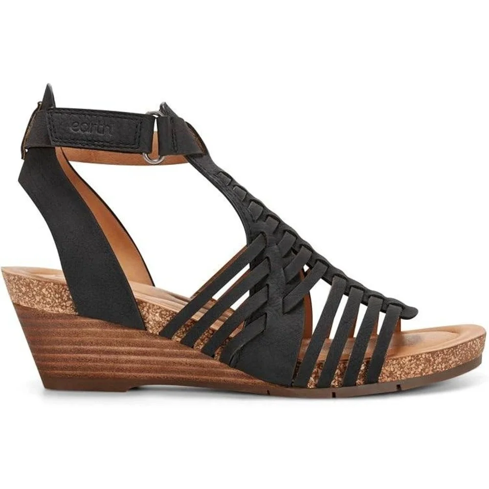 Earth Hattie Womens 8.5 Black Leather Wedge Sandal Strappy Comfort Shoe NWT
